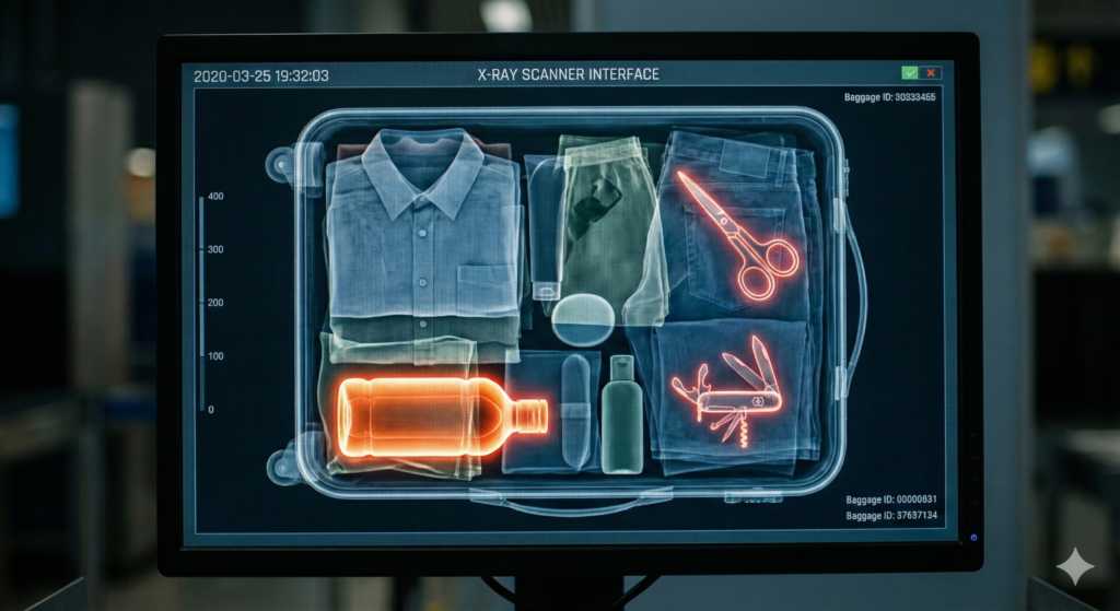Realistyczny widok monitora skanera rentgenowskiego na lotnisku, wyświetlający prześwietloną walizkę podróżną. Standardowa zawartość, jak ubrania, widoczna jest w odcieniach błękitu i zieleni. Zabronione przedmioty – duża butelka z płynem, ostre nożyczki i scyzoryk – są wyraźnie podświetlone na jaskrawy pomarańczowy i czerwony kolor, ostrzegając o ich obecności. Obraz ma wygląd nowoczesnego interfejsu cyfrowego o wysokim kontraście.